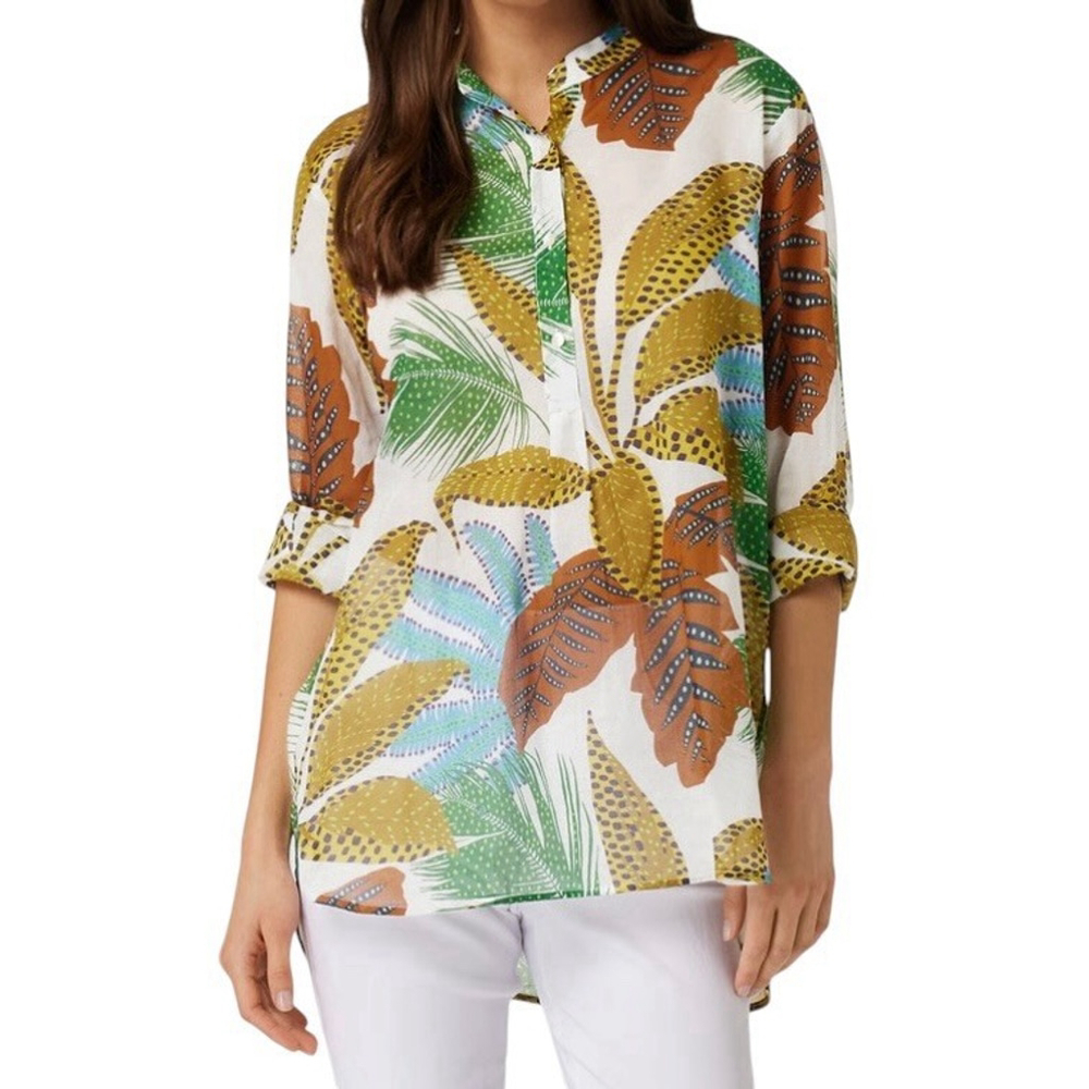 0039 Italy Womens Janice New Blouse Leaf Print Lightweight Tropical $250 Small